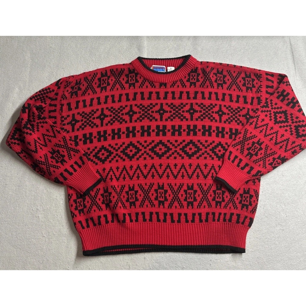 Vtg Sweater Graphix Mens Size XL Red Black Fair Isle Aztec Patterned Pullover